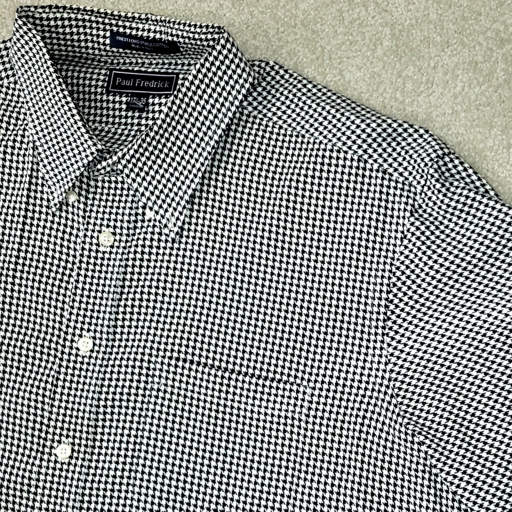 Paul Fredrick Houndstooth Long Sleeve Shirt Mens XL Black White Button Down 17.5